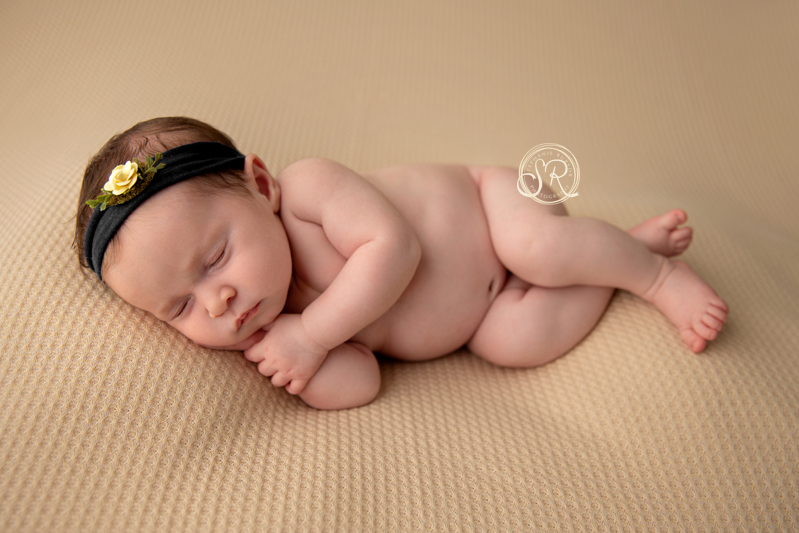 Gorgeous newborn girl asleep on a cream colored backdrop in my Fort Worth, Texas photo studio. 