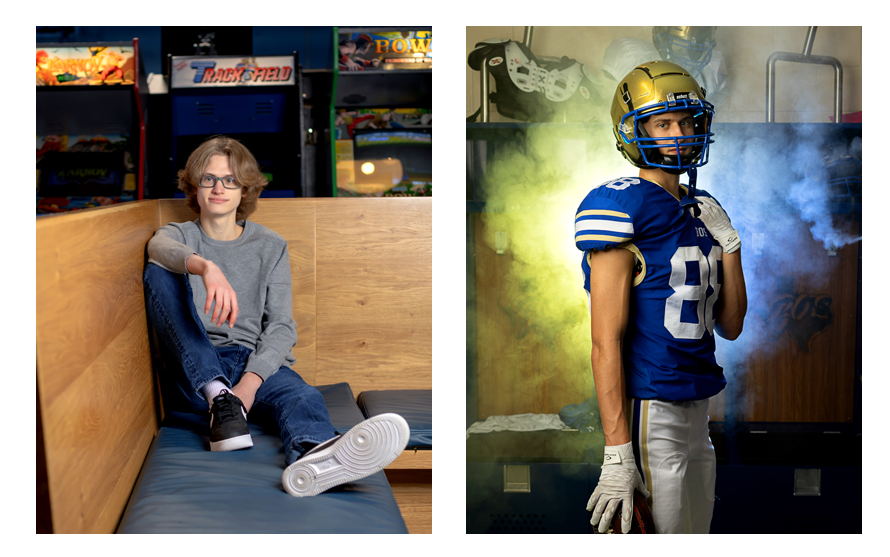 High school senior and football player posing for senior portraits at local high school for photo session.