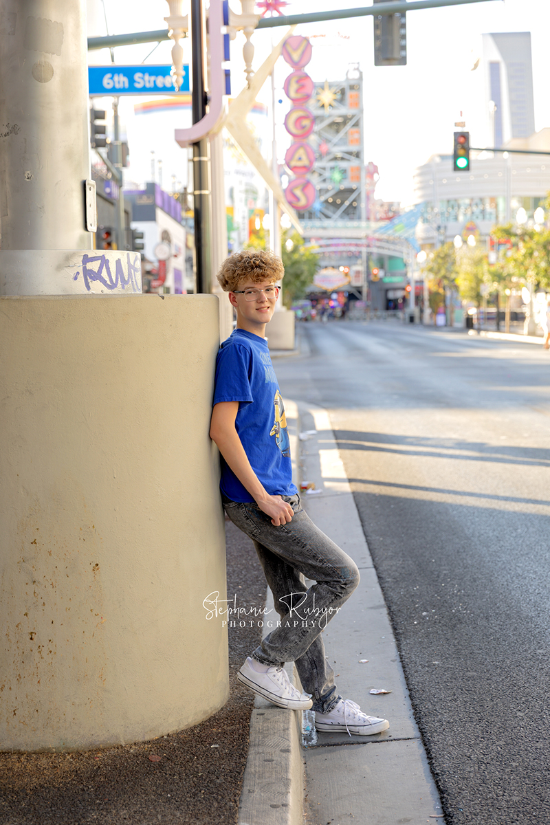 A high school senior in downtown Vegas posing for a Senior photo session by Stephanie Rubyor Photography of Fort Worth, Texas. 