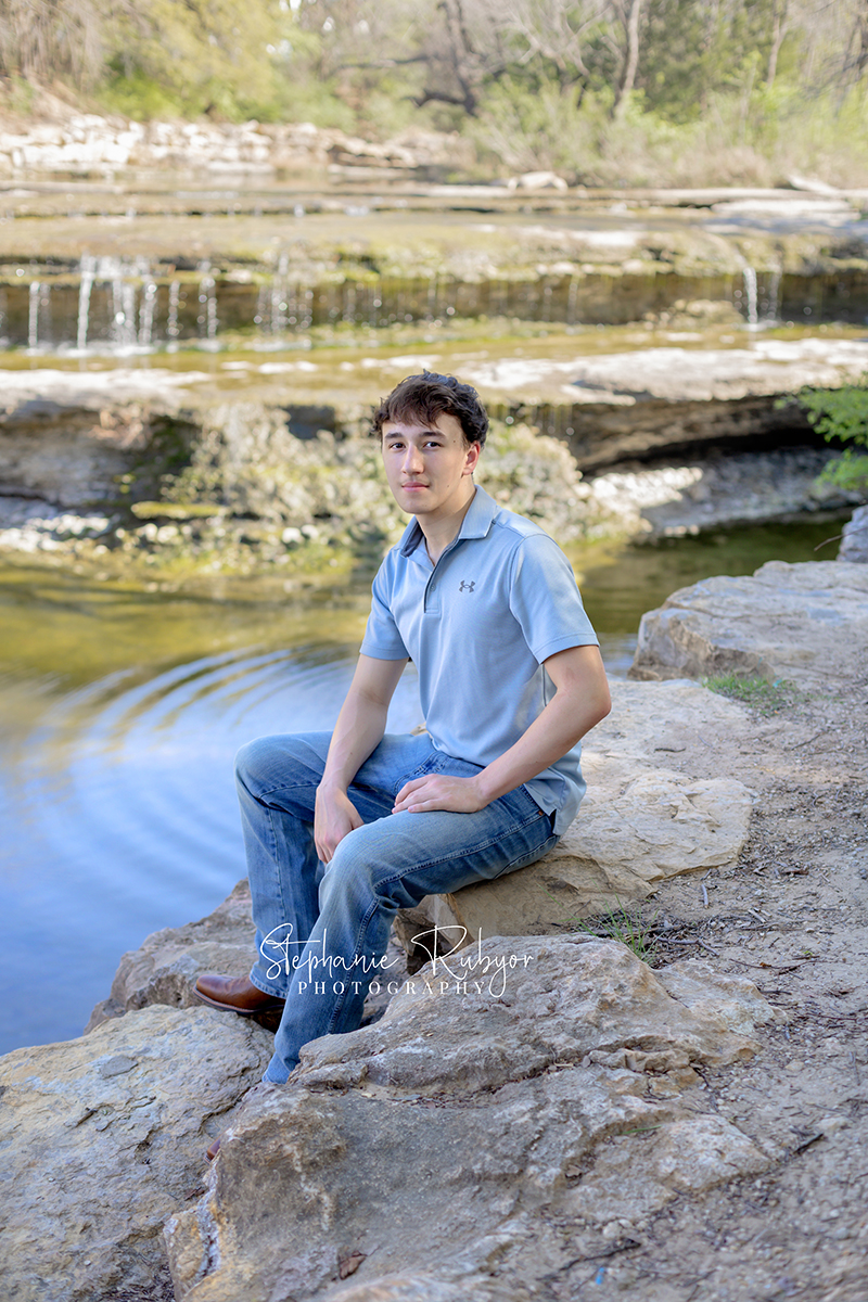 High School senior photo session at Airfield Falls in Fort Worth, Texas.